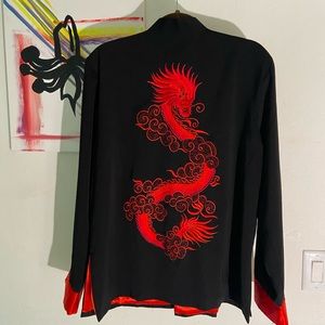 Chinese Dragon Embroidered Tang Jacket, Black, Red, 100% Silk, Size L